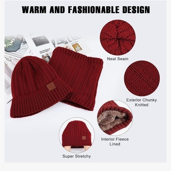 New Winter Beanie Hat Scarf: Warm Fleece Lined Knit Skull Cap Neck Warmer Set - Picture 3 of 4